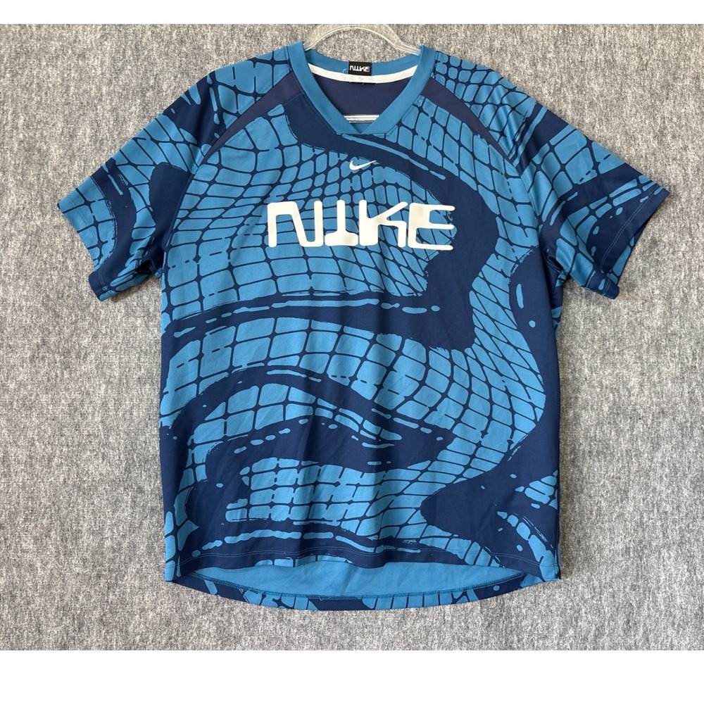Nike Mens XL Blue Abstract Grid Print V-Neck Short Sleeve Soccer Jersey Shirt